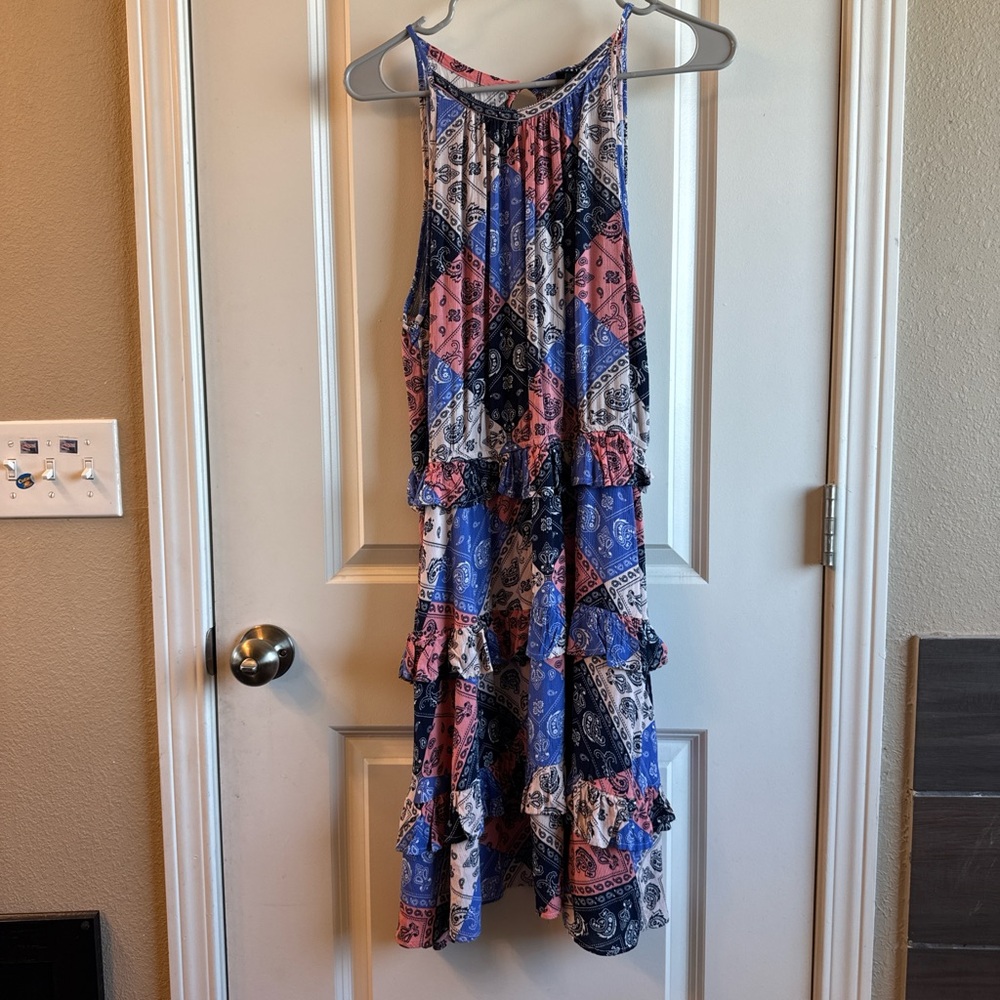 Chic Patchwork Midi Dress in Blue and Pink